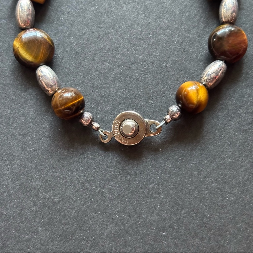 Tiger’s Eye Silver Beaded Bracelet | Ball Hitch Closure | 6.25 IN - Picture 3 of 7